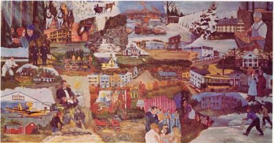 Sanford-Springvale
by Paul Couture (1978)
Gift of C. G. Magnusen, President of Wasco Products.

This large painting (4 ft. x 7 ft.) depicts places and events in the history of Sanford from 1739-1976. A 52-page booklet by Russell Goodall accompanies the painting and describes its individual panels.
