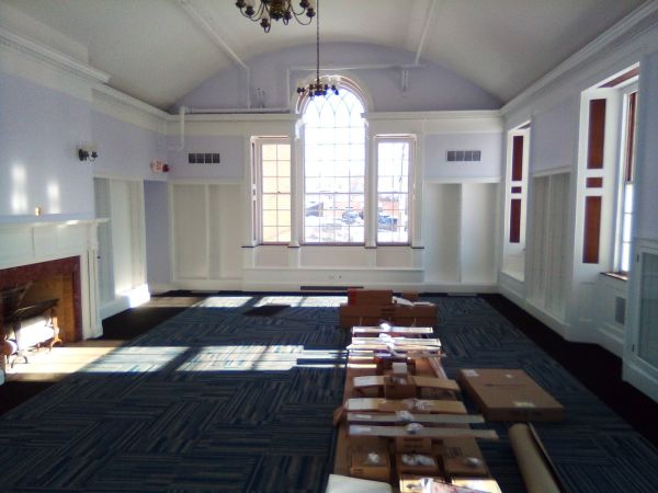 Community Room
Jan 21: Thornburg Community Room. Boxes on the floor contain all the door hardware for the library.
