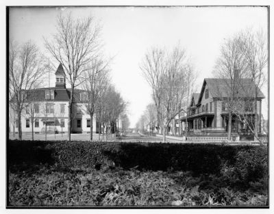 Washington School
Looking east toward Mousam Street from the rear grounds of the Goodall Mansion. Longfellow School (1888-1971), Sanford's first high school and grammar schooll, is on then left - the school site is now a town parking lot. The home of George B. and Henrietta D. Goodall is on the right (now the location of the Post Office). The Goodall home became a hospital in 1914 under the direction of Dr. H. Danforth Ross. The first town library would have been just off-frame to the left.
